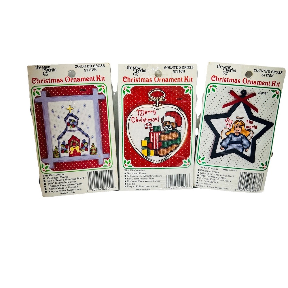 Vintage New Berlin Christmas Ornament Kit Church Cross Stitch USA Bear Angel Lot